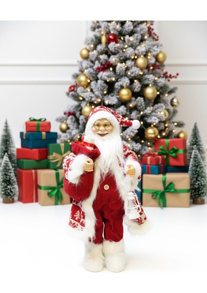 Yılbaşı Dekoru Desenli Kürklü Noel Baba Figürlü Süsleme Aksesuarı Kırmızı Beyaz 65 cm