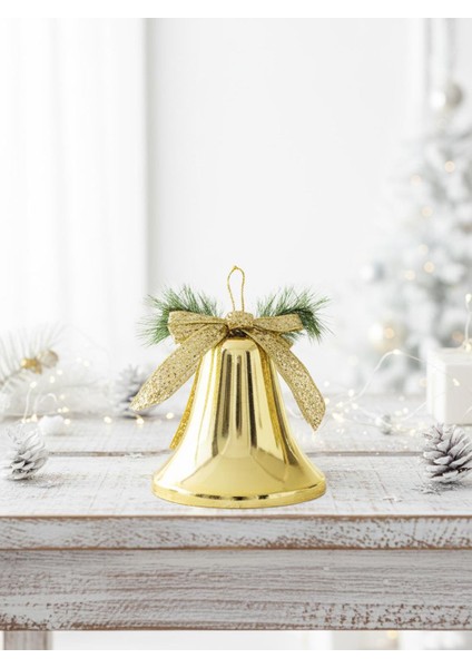 Yılbaşı Dekoru Kurdeleli Çan Dekoratif Süsleme Aksesuarı Altın 22 Cm