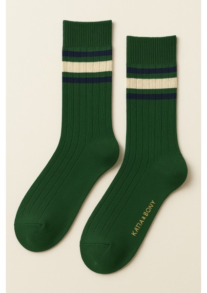 Erkek Çizgili Nakışlı Soket Çorap Yeşil