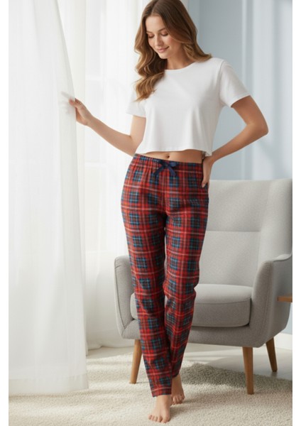 Kadın Kırmızı Pijama Altı Süet Kumaş Ekoseli Rahat Kalıp Kurdeleli Esnek Yumuşak Doku Cepsiz