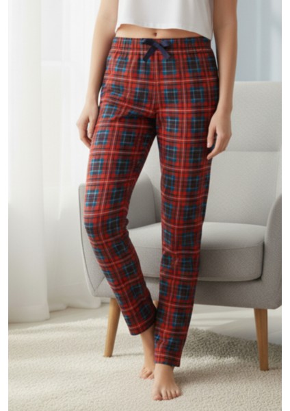 Kadın Kırmızı Pijama Altı Süet Kumaş Ekoseli Rahat Kalıp Kurdeleli Esnek Yumuşak Doku Cepsiz fiyatları