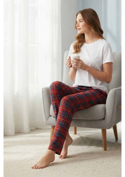 Kadın Kırmızı Pijama Altı Süet Kumaş Ekoseli Rahat Kalıp Kurdeleli Esnek Yumuşak Doku Cepsiz fırsatları