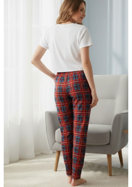 Kadın Kırmızı Pijama Altı Süet Kumaş Ekoseli Rahat Kalıp Kurdeleli Esnek Yumuşak Doku Cepsiz indirimleri