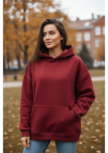 Kadın Oversize % 100 Pamuk Içi Polarlı Yumuşak Dokulu Basic Kapüşonlu Sweatshirt
