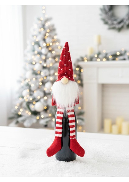 Yılbaşı Temalı Dekoratif Şişe Elbisesi – Noel Cücesi Figürlü Dekor 32 cm