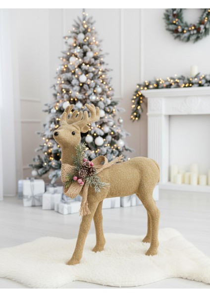 Yılbaşı Dekor Süsü Dekoratif Kurdeleli Flok Kaplama Geyik 32X46 cm