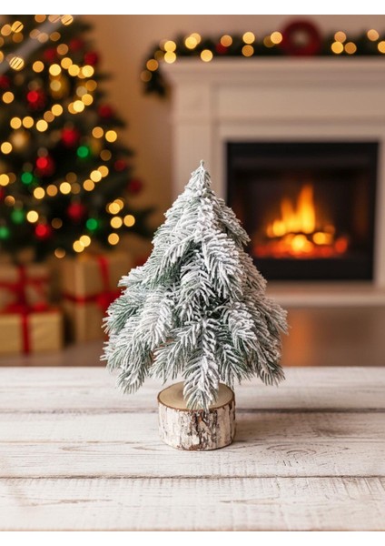 Yılbaşı Karlı Mini Ağaç Doğal Kütük Tabanlı Dekoratif Çam Ağacı 30 cm