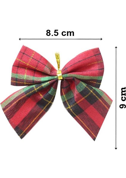 Yılbaşı Ağaç Süsü Dekoratif Ekose Kurdele Fiyonk Kırmızı Yeşil 8 cm 4'lü modelleri