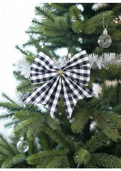 Yılbaşı Ağaç Süsü Fiyonk Pötikare Desen Asmalı Dekor Süsü Siyah Beyaz 13 cm