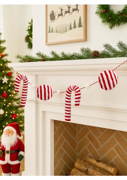 Yılbaşı Dekor Süsleri Baston Şeker Top Figürlü Garland Kırmızı Beyaz 180 cm