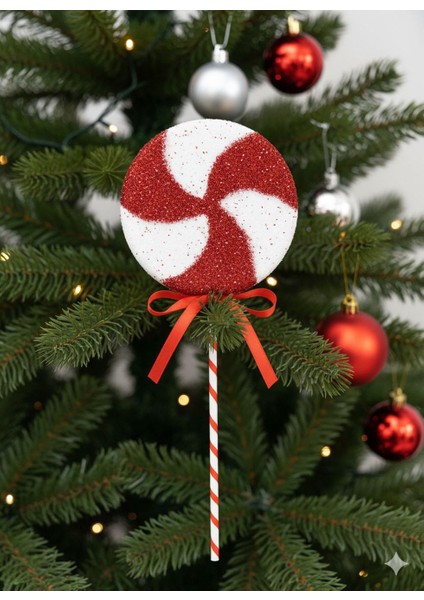 Yılbaşı Ağaç Süsü Dekoratif Simli Lolipop Şeker 45 cm