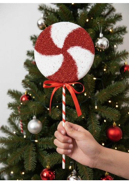 Yılbaşı Ağaç Süsü Dekoratif Simli Lolipop Şeker 55 cm