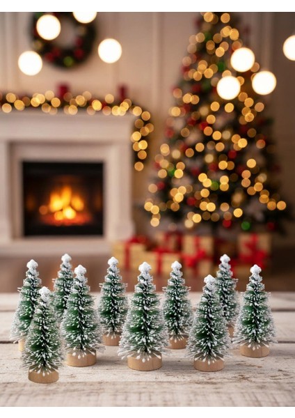 Yılbaşı Mini Karlı Çam Ağacı Masa Üstü Dekoratif Ağaç 5 cm 10'lu Set