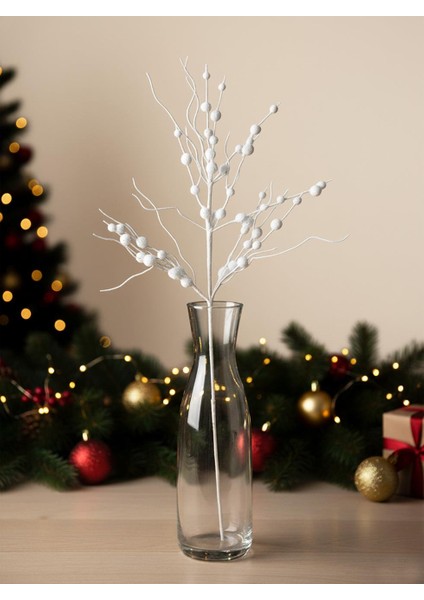 Yılbaşı Dekoru Tüylü Simli Dekoratif Süs Dalı Beyaz 75 cm