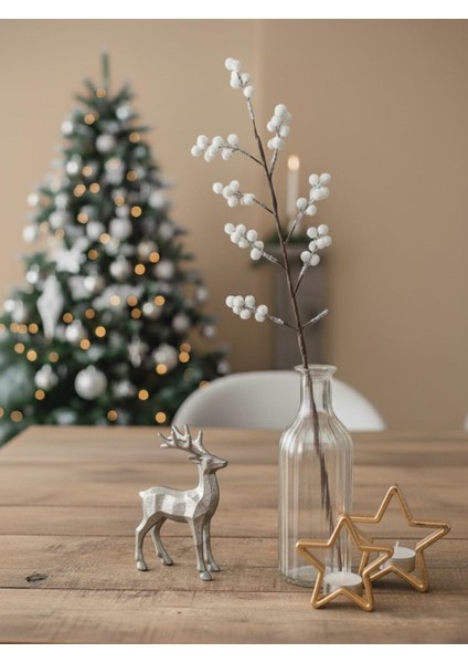 Yılbaşı Dekoru Kar Efektli Beyaz Top Detaylı Dekoratif Süs Dalı Beyaz 70 cm