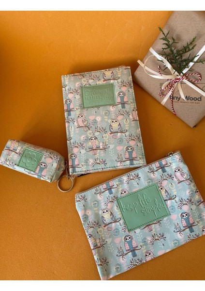 Çilek-Baykuş Desenli Deri Kaplı Defter Seti | 14X20 cm Çizgili Defter