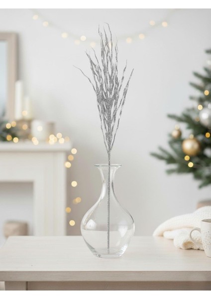 Gümüş Simli Yılbaşı Dekor Dalı – Silver Glitter Parlak Ağaç Süsü 70 cm