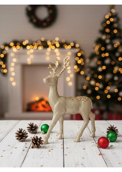 Yılbaşı Dekor Süsü Simli payet Detaylı Dekoratif geyik ŞAMPANYA 23X32 cm