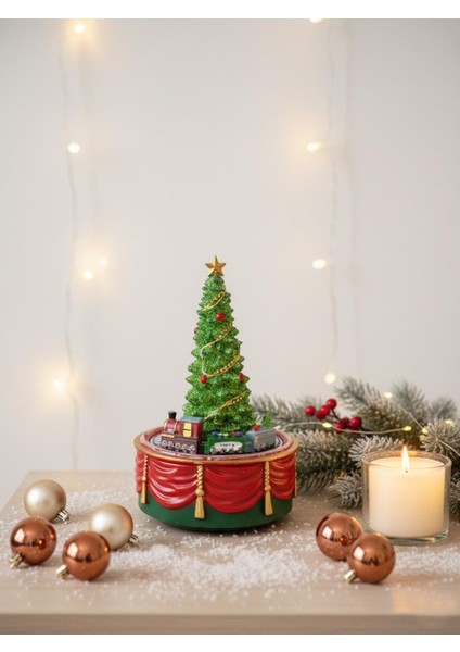 Yılbaşı Hediyelik Dekor Süsü Hareketli Işıklı Yılbaşı Ağacı Müzik Kutusu 19 Cm