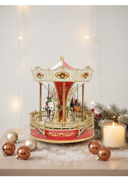 Yılbaşı Hediyelik Dekor Süsü Hareketli Işıklı Müzikli Döner Atlı Karınca 28 cm