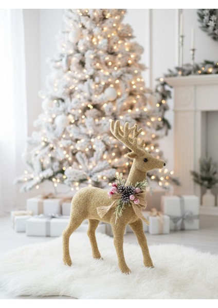 Yılbaşı Dekor Süsü Dekoratif Kurdeleli Flok Kaplama Geyik 20X34 cm