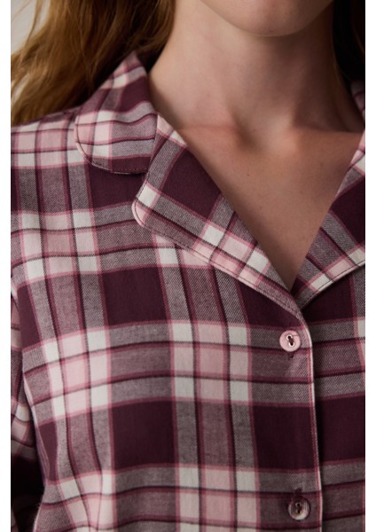 Bordo Ekoseli Gömlek Yaka Pamuklu Pijama Takımı