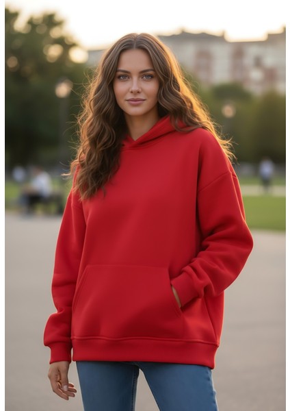Kadın Oversize % 100 Pamuk Içi Polarlı Yumuşak Dokulu Basic Kapüşonlu Sweatshirt