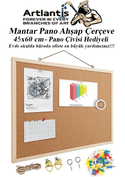 Mantar Pano Ahşap Çerçeve 45X60 cm 1 Adet Harita Çivisi Hediyeli Duvara Monte Mantar Çerçeve Evde Okulda Büroda Ofiste