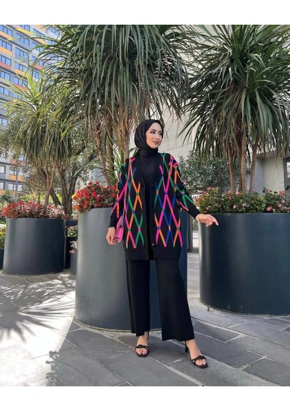 Hırkalı Ikili Takım Çok Renkli Triko Siyah