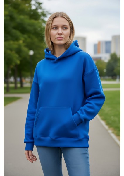 Kadın Oversize % 100 Pamuk Içi Polarlı Yumuşak Dokulu Basic Kapüşonlu Sweatshirt