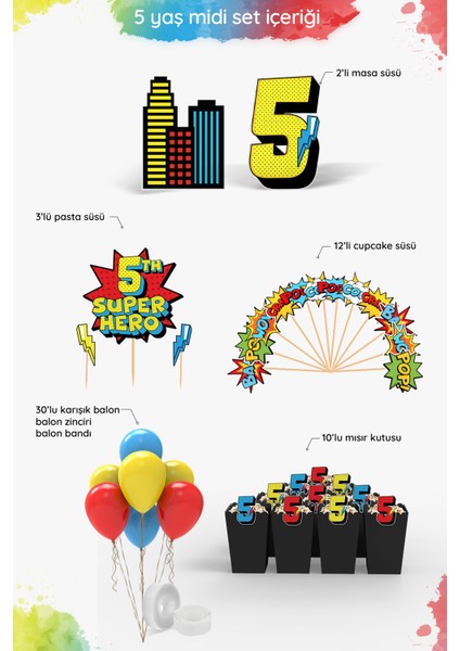Süper Kahraman Temalı 5 Yaş Doğum Günü Parti Seti (Spiderman, Batman, Superman Uyumlu) - Midi fiyatları