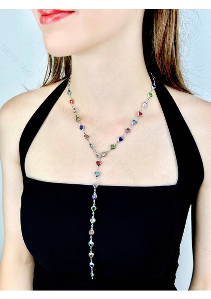 Y Kolye, Taşlı, Çok Renkli, Kalpli, Kolye 433, Kasa Gümüş Renk fiyatları