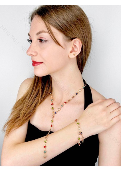 Y Kolye ve Bileklik Seti, 2 parça, Taşlı, Çok Renkli, Kalpli, Set 61, Kasa Altın Renk