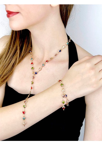 Y Kolye ve Bileklik Seti, 2 parça, Taşlı, Çok Renkli, Kalpli, Set 61, Kasa Altın Renk fiyatları