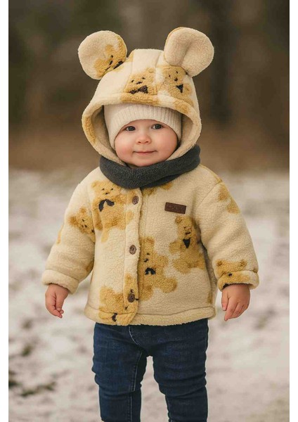 Ayıcık Baskılı Kulaklı Kuzu Welsoft Çocuk Bebek Hırka Yumuşacık Doku