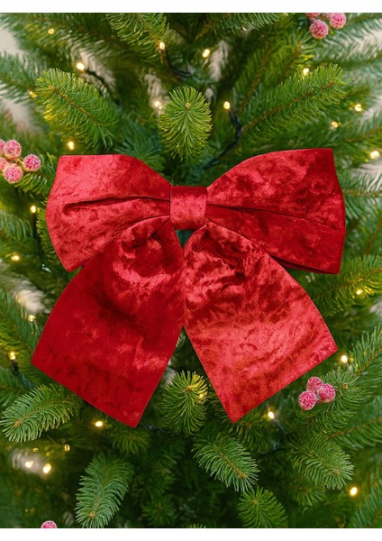 Yılbaşı Ağaç Süsü Kadife Fiyonk Sünger Dolgulu Kurdele Dekor Süsü Kırmızı 38 cm