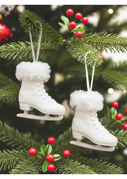 Yılbaşı Ağaç Süsleri Simli Kürk Detaylı Paten Dekoratif Süs Beyaz 12 cm 2'li