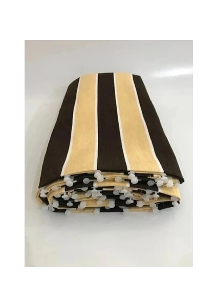 Kahve Krem Çizgili Su Geçirmez Kornişli Bağcıklı Balkon Perdesi Branda Enxboy modelleri