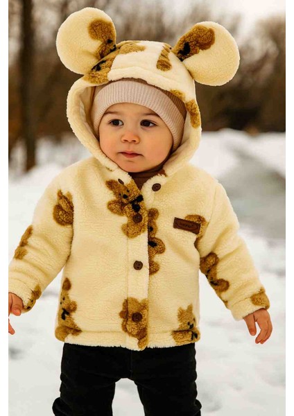 Ayıcık Baskılı Kulaklı Kuzu Welsoft Çocuk Bebek Hırka Yumuşacık Doku