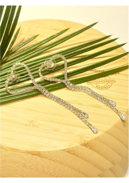 Lüks Gümüş Renk Taşlı Abiye Küpe