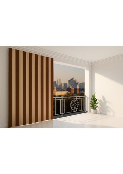 Kahve Krem Çizgili Su Geçirmez Kornişli Bağcıklı Balkon Perdesi Branda Enxboy