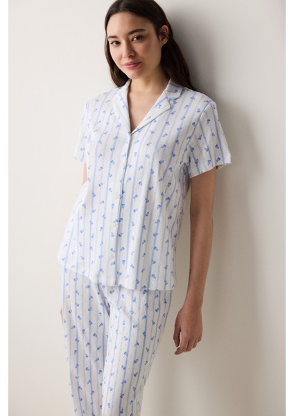 Roses Pointel Gömlek Pantolon Kırık Beyaz Pijama Takımı