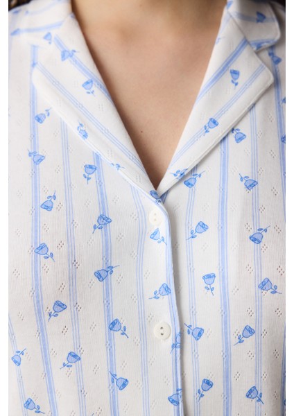 Roses Pointel Gömlek Pantolon Kırık Beyaz Pijama Takımı