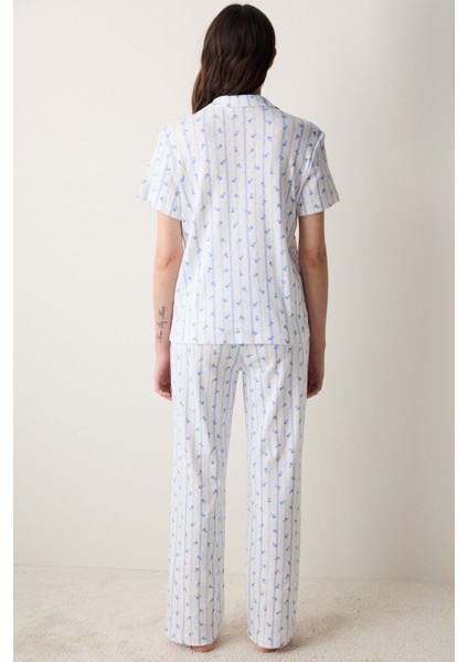 Roses Pointel Gömlek Pantolon Kırık Beyaz Pijama Takımı