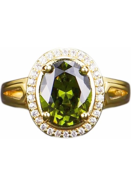 Kadınlar Için Oval Zeytin Yeşili Zirkon Yüzük 18 Ayar Altın Açık Yüzük (Yurt Dışından)