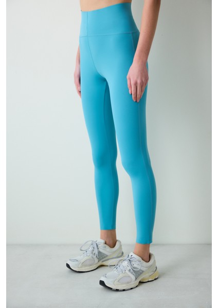 Turkuaz Mavi Yüksel Bel Toparlayıcı Bilek Boy Form Tayt