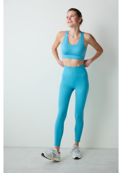 Turkuaz Mavi Yüksel Bel Toparlayıcı Bilek Boy Form Tayt