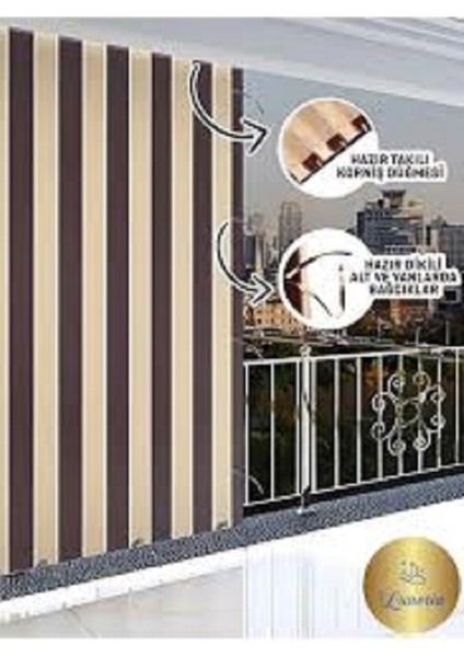 Kahve Krem Çizgili Su Geçirmez Kornişli Bağcıklı Balkon Perdesi Branda Enxboy fiyatları