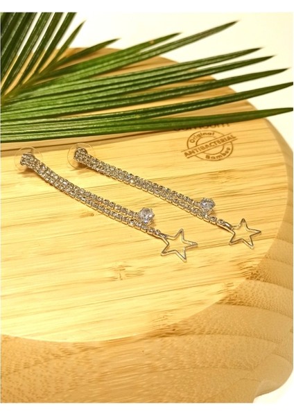 Lüks Gümüş Renk Taşlı Abiye Küpe