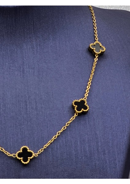 Siyah Yonca Model Gold Renk Çelik Kolye Van Cleef Küçük